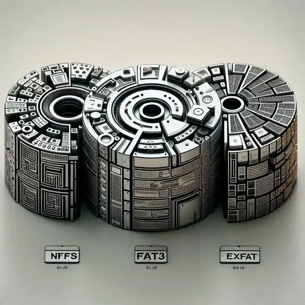 "Comparative illustration of file systems NTFS, FAT32, and exFAT showing key differences and uses, for the article 'Perbedaan Sistem File: NTFS, FAT32, dan exFAT'."