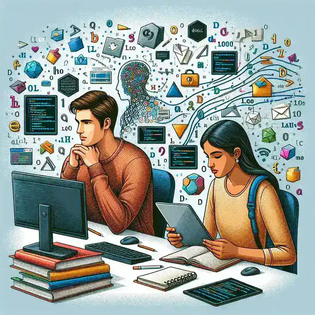 "Ilustrasi pemula belajar koding otodidak dengan laptop, buku pemrograman, dan catatan, menggambarkan tips efektif untuk belajar koding secara mandiri."