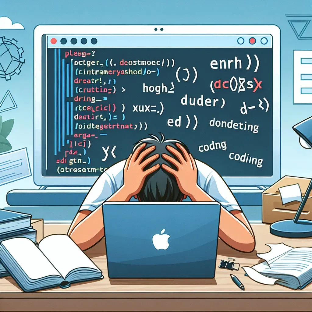 "Ilustrasi kesalahan umum yang sering dilakukan pemula saat belajar koding, termasuk kesulitan dalam memahami sintaksis dan debugging."