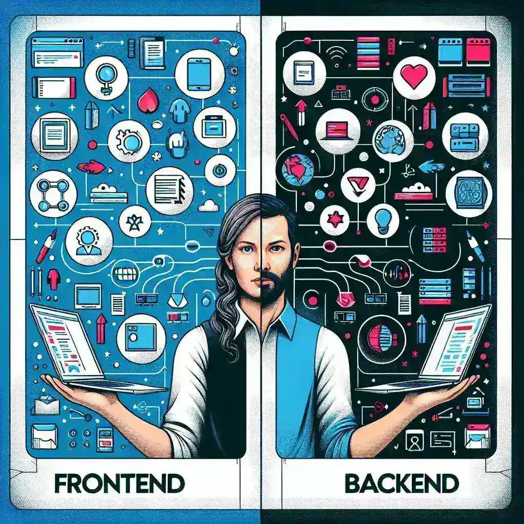 "Perbandingan Frontend dan Backend dalam pengembangan web: ilustrasi yang menggambarkan konsep, fungsi, dan perbedaan antara kedua aspek pengembangan perangkat lunak."